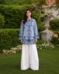 Woman wearing Bluebell Dot Kurta, powder blue cotton lawn kurti with folk floral medallion print