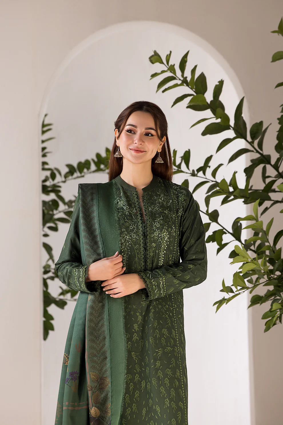 SOBIA NAZIR- 3PC DHANAK EMBROIDERED SHIRT WITH WOOL PRINT SHAWL AND TROUSER-BIC-3356