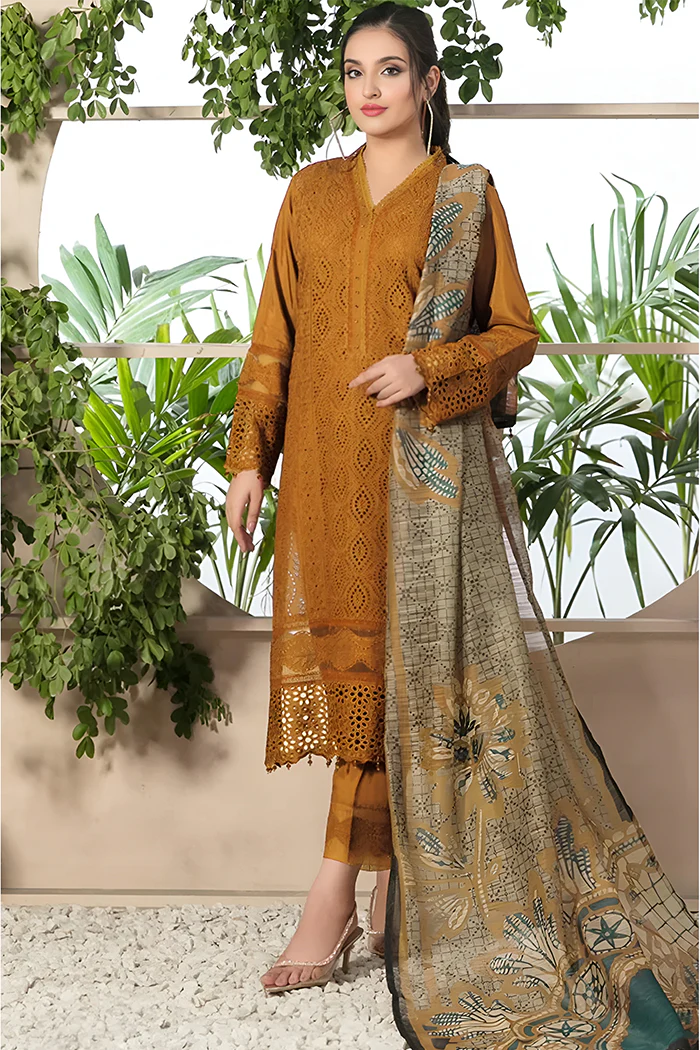 ZAINAB CHOTANI-3PC CHIKENKARI LAWN EMBROIDERED SHIRT WITH MONARK PRINT DUPATTA & TROUSER-BIC-4052 MUSTERD