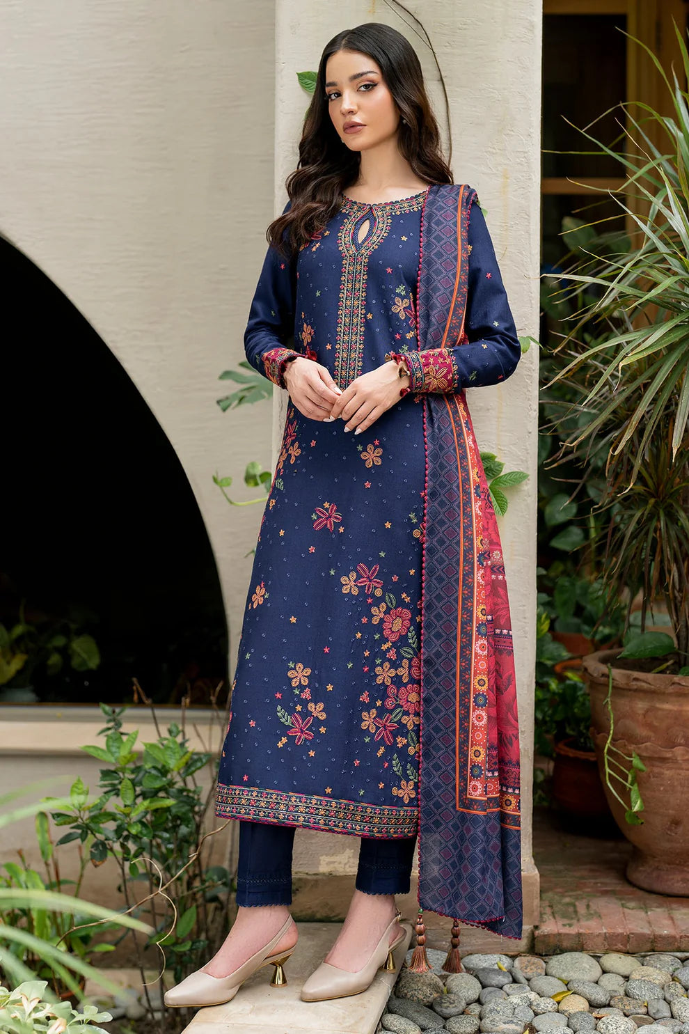 JAZMIN-3PC LAWN EMBROIDRED SHIRT WITH MONARK PRINT DUPATTA AND TROUSER-BIC-3561