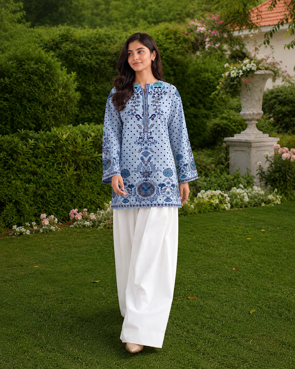 Woman wearing Bluebell Dot Kurta, powder blue cotton lawn kurti with folk floral medallion print