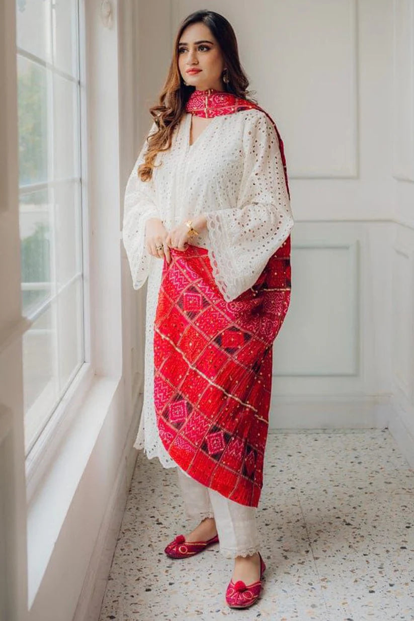 MARIA B-3PC CHIKANKAARI LAWN EMBROIDERED SHIRT WITH CHUNRI PRINT DUPATTA AND TROUSER-BIC-4051