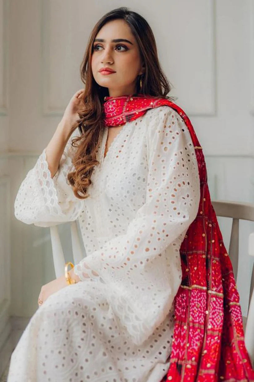 MARIA B-3PC CHIKANKAARI LAWN EMBROIDERED SHIRT WITH CHUNRI PRINT DUPATTA AND TROUSER-BIC-4051