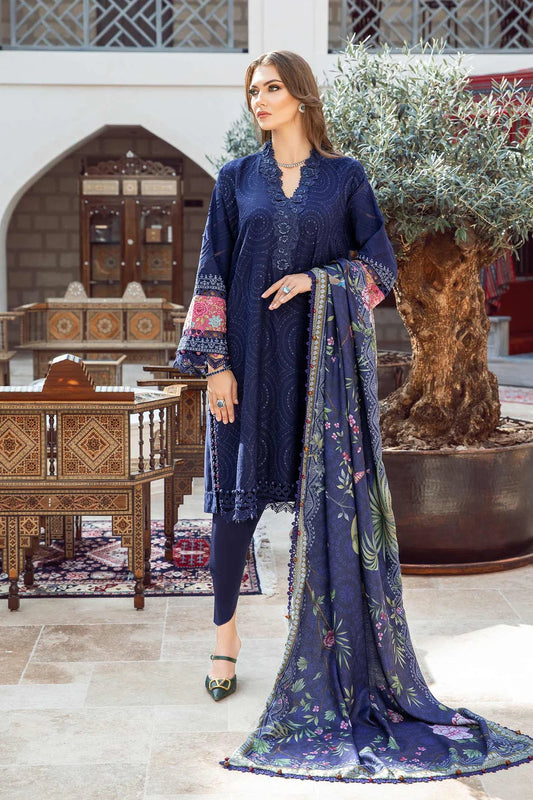 MARIA B - 3PC DHANAK SEQUENCE EMBROIDERED SHIRT WITH WOOL PRINTED SHAWL AND TROUSER-BIC-3238