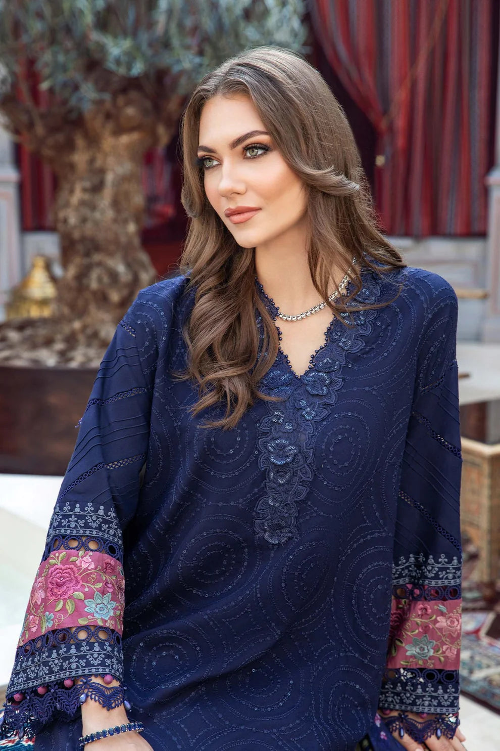 MARIA B - 3PC DHANAK SEQUENCE EMBROIDERED SHIRT WITH WOOL PRINTED SHAWL AND TROUSER-BIC-3238