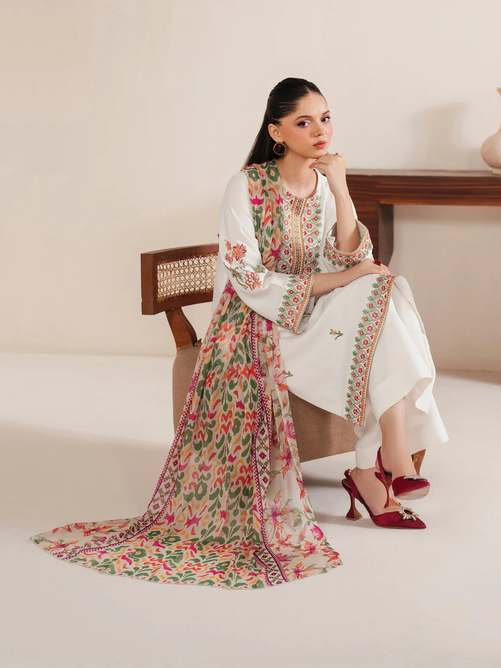 GARNET-3PC LAWN EMBROIDERED SHIRT WITH MONARK PRINT DUPATTA & LAWN TROUSER-3533