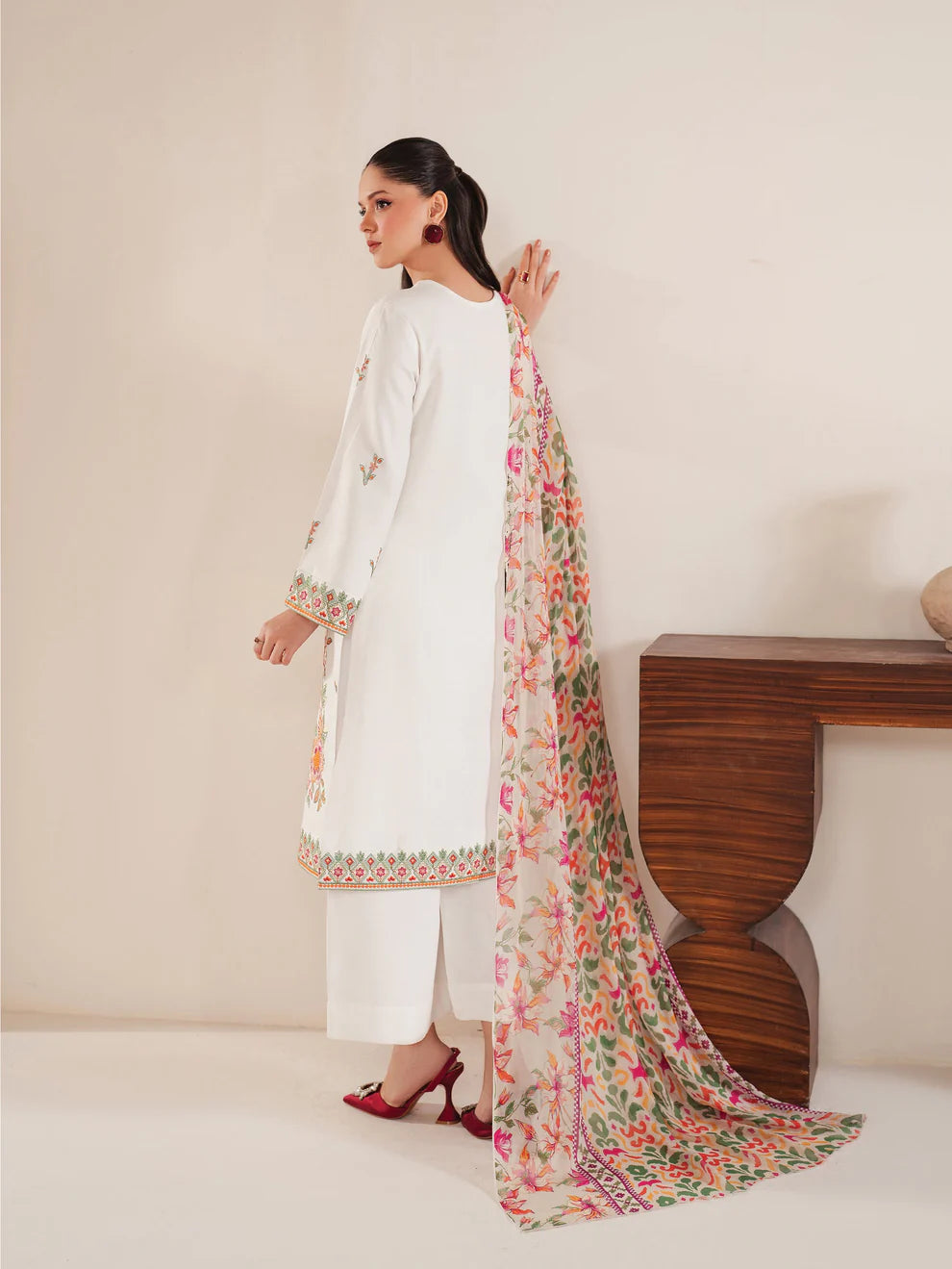 GARNET-3PC LAWN EMBROIDERED SHIRT WITH MONARK PRINT DUPATTA & LAWN TROUSER-3533