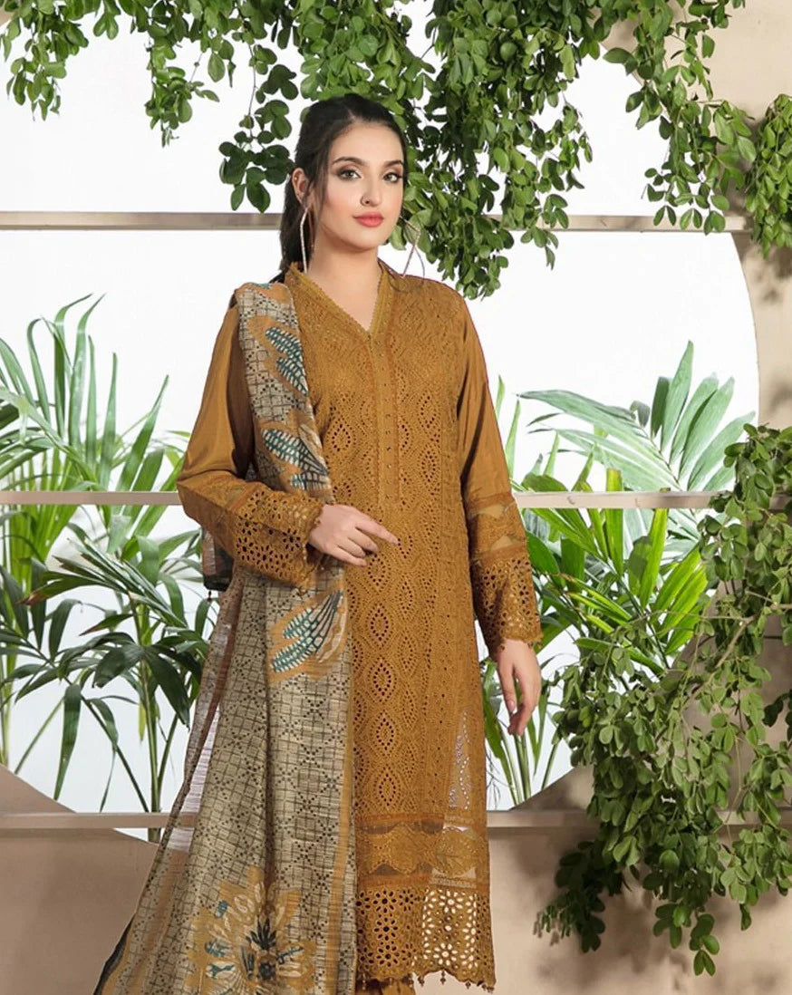 ZAINAB CHOTANI-3PC CHIKENKARI LAWN EMBROIDERED SHIRT WITH MONARK PRINT DUPATTA & TROUSER-BIC-4052 MUSTERD