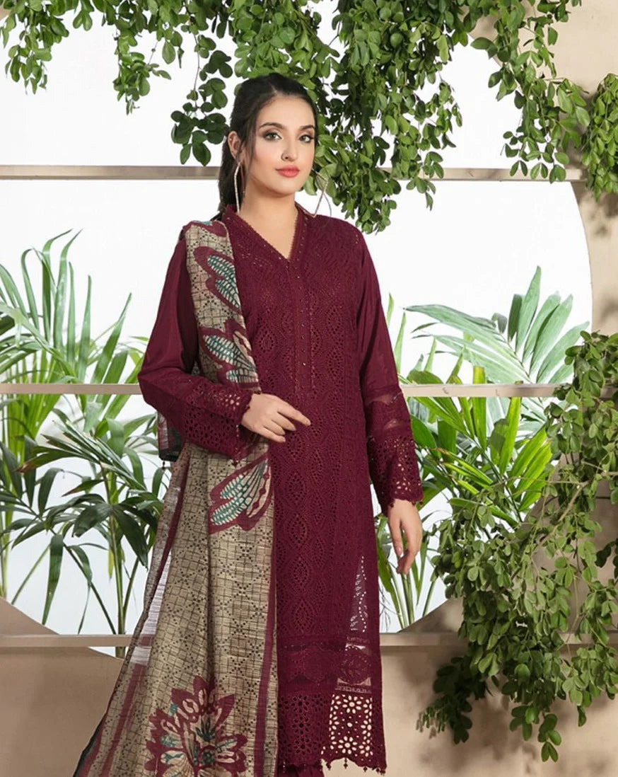 ZAINAB CHOTANI-3PC CHIKENKARI LAWN EMBROIDERED SHIRT WITH MONARK PRINT DUPATTA & TROUSER-BIC-4052 MEHROON