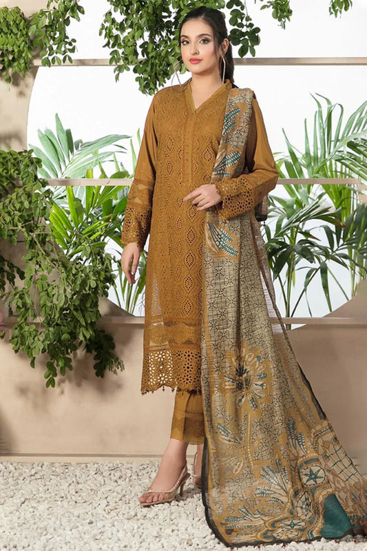 ZAINAB CHOTANI-3PC CHIKENKARI LAWN EMBROIDERED SHIRT WITH MONARK PRINT DUPATTA & TROUSER-BIC-4052 MUSTERD