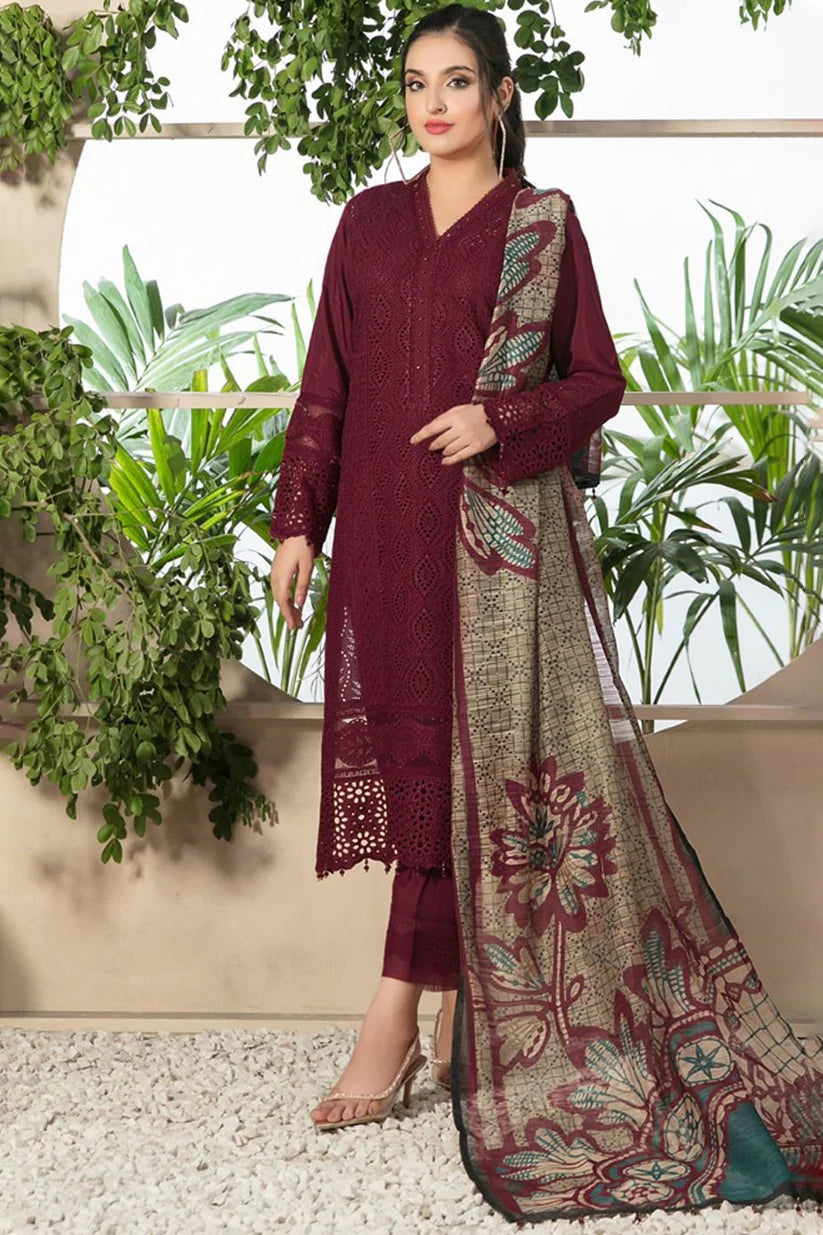 ZAINAB CHOTANI-3PC CHIKENKARI LAWN EMBROIDERED SHIRT WITH MONARK PRINT DUPATTA & TROUSER-BIC-4052 MEHROON