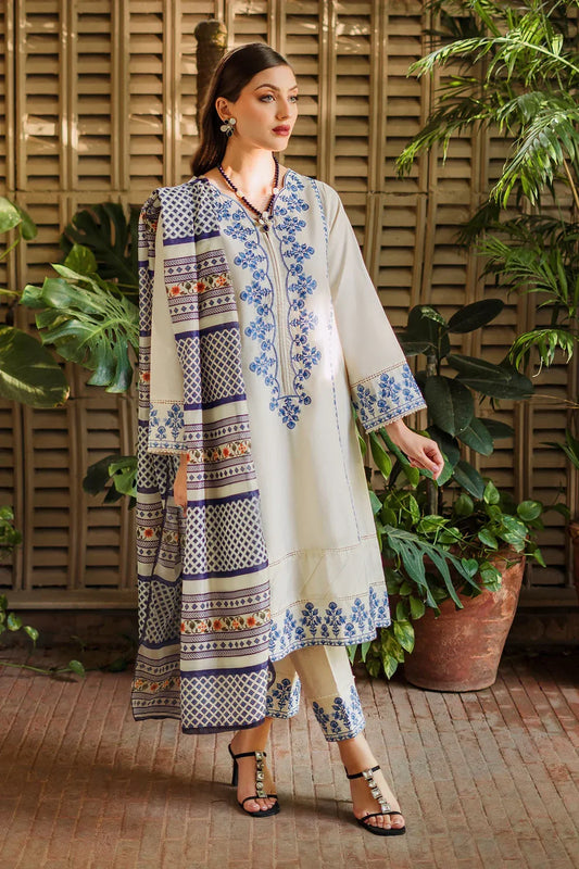 ZIVA-3PC LAWN EMBROIDERED SHIRT WITH MONARK PRINTED DUPATTA & EMB TROUSER-BIC-3622