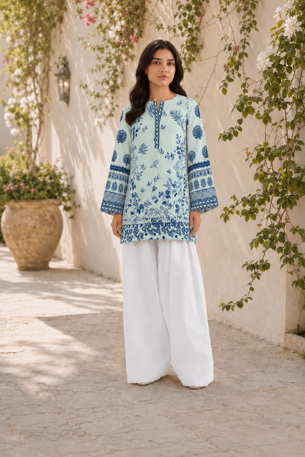 Woman wearing Mint Indigo Floral Kurta, mint green cotton lawn kurti with indigo floral print