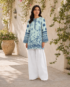 Woman wearing Mint Indigo Floral Kurta, mint green cotton lawn kurti with indigo floral print