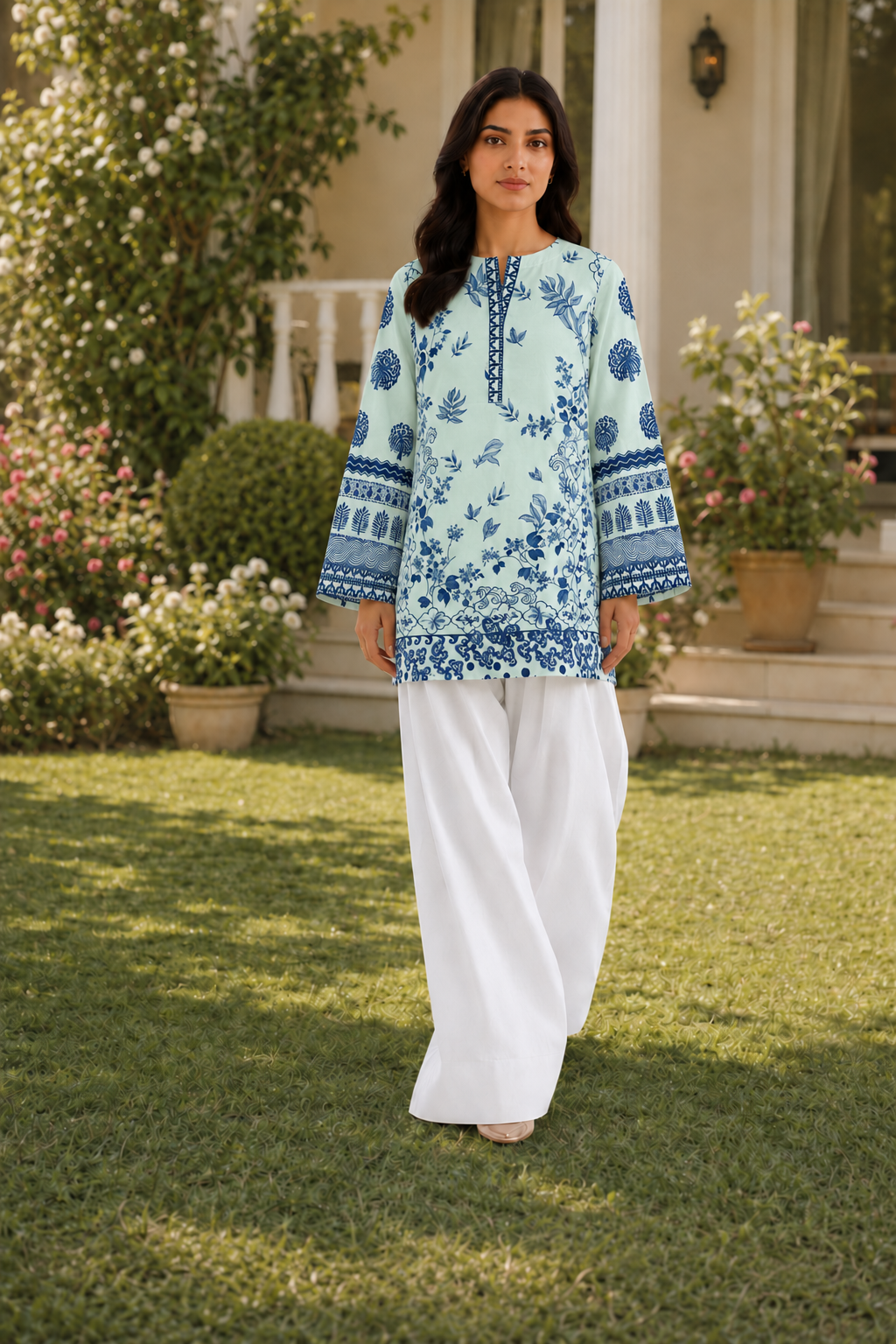 Woman wearing Mint Indigo Floral Kurta, mint green cotton lawn kurti with indigo floral print
