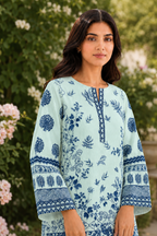 Woman wearing Mint Indigo Floral Kurta, mint green cotton lawn kurti with indigo floral print